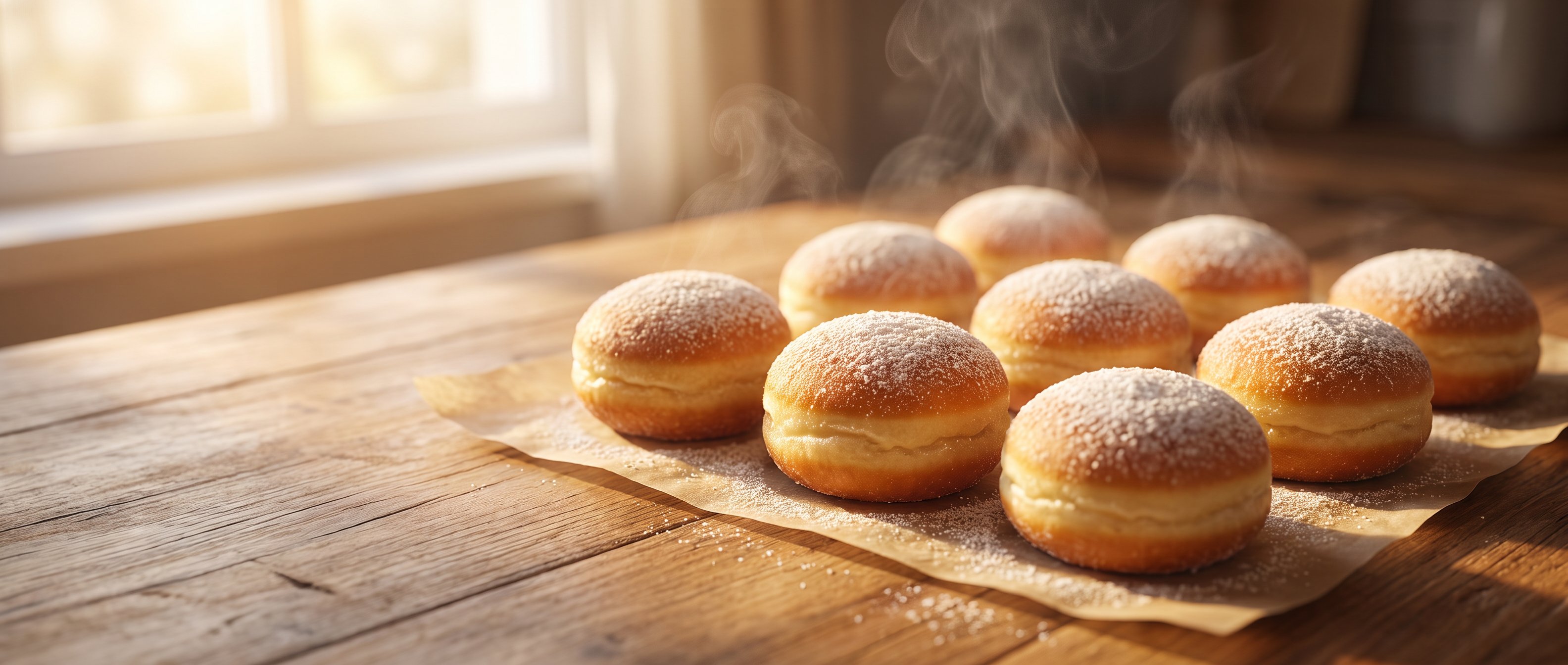 Sugar-dusted sonhos on parchment in warm morning light