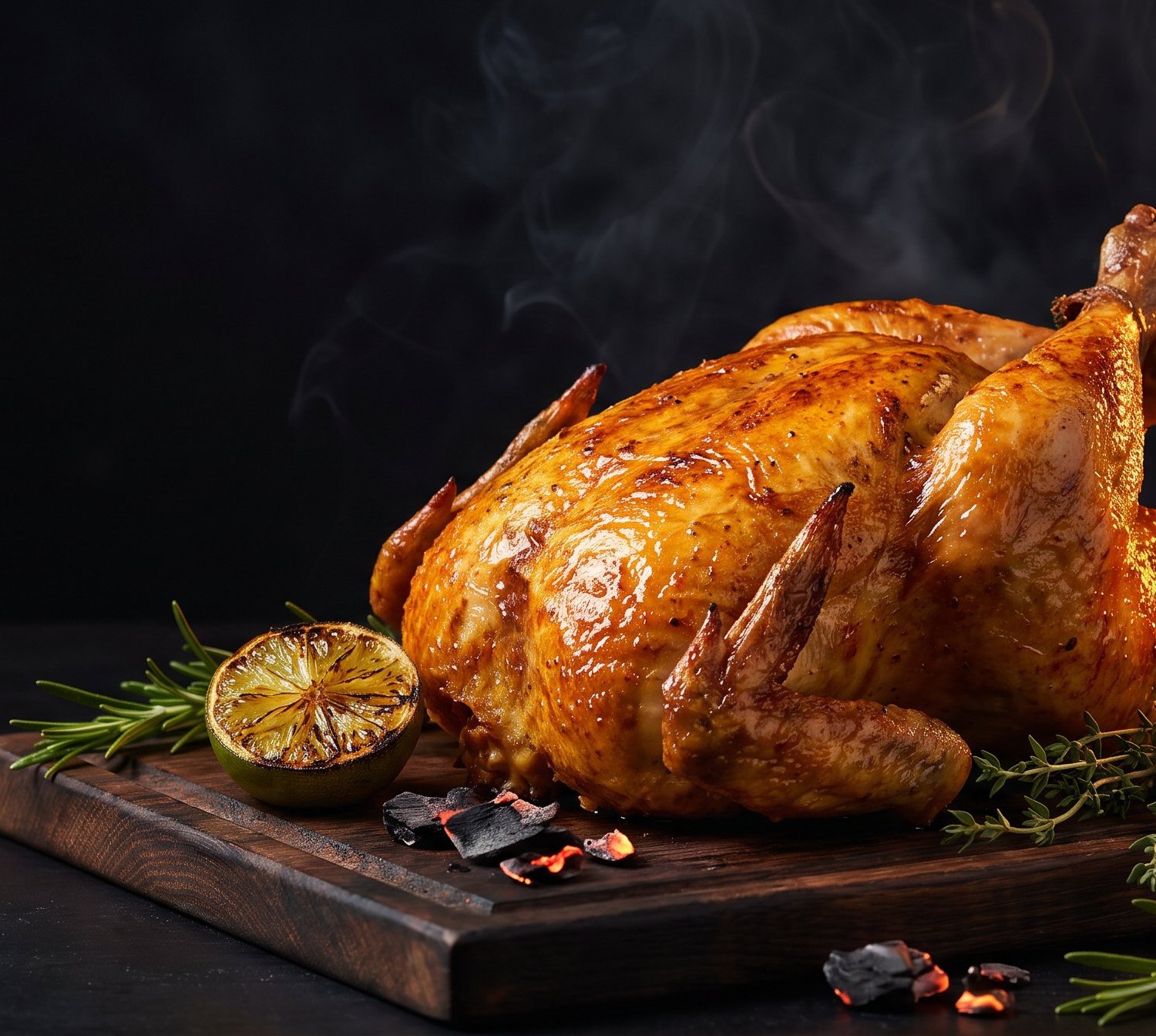 A golden rotisserie chicken with charred limes