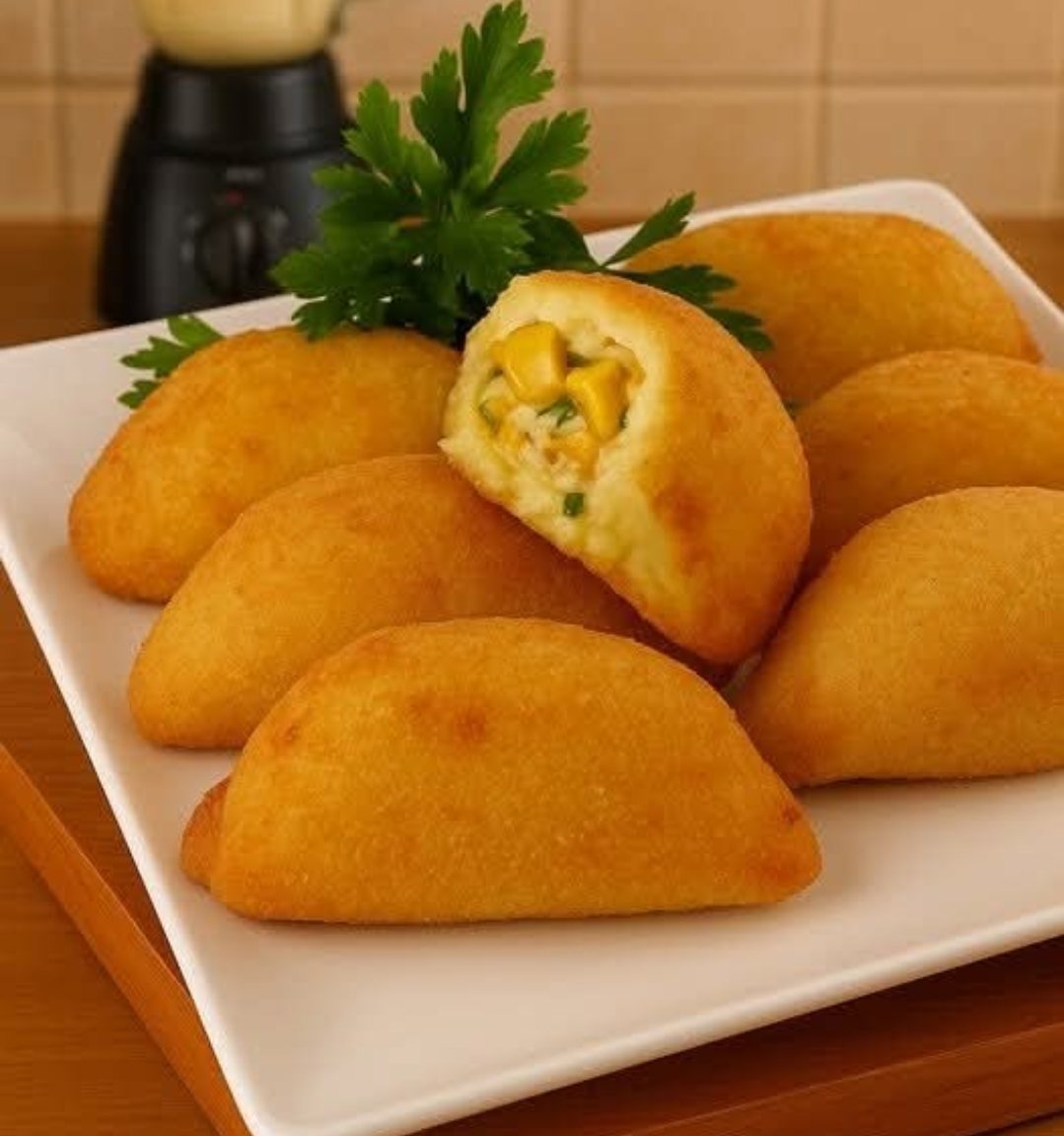 A plate of fried pastries, one cut open showing the creamy filling